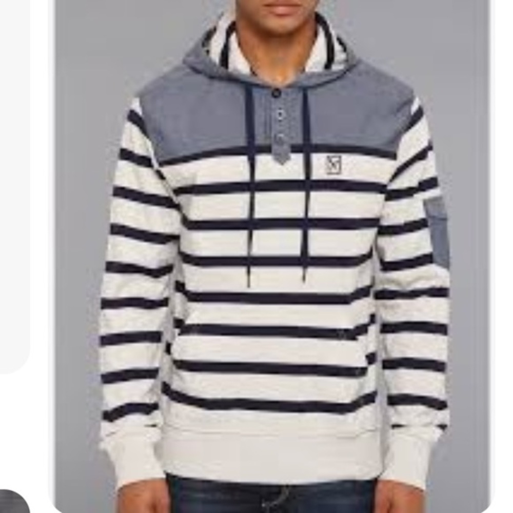 Marc Ecko Cut Sew Concordia Striped Hoodie 1/4 button pullover gray navy